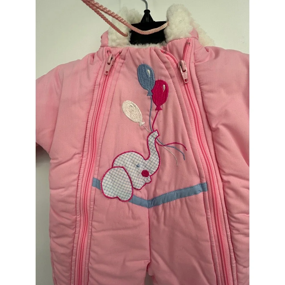 Vintage Baby Padded Snowsuit Jumpsuit‎ Pink Elephant Balloons Winter Outfit